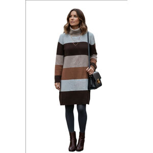 Women's Mystree Striped Turtleneck Sweater Dress S Brown Gray